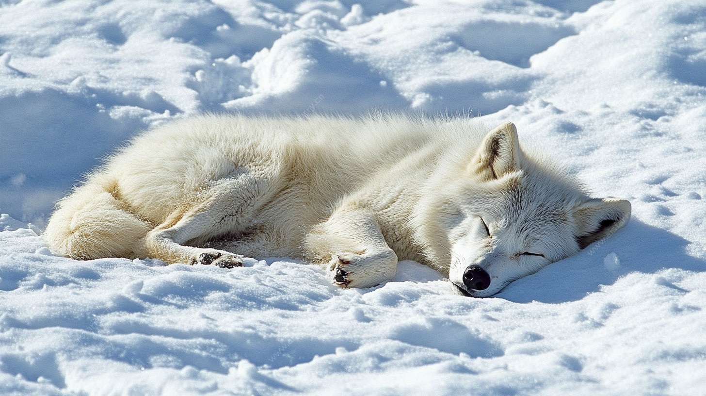 雪地休憩的白狼