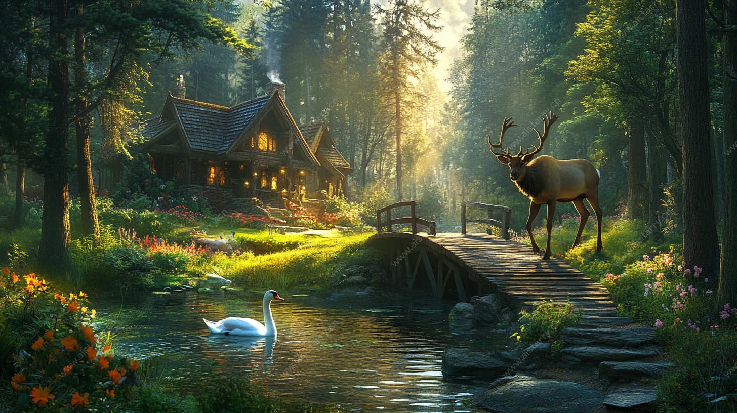 森林中的梦幻小屋与动物