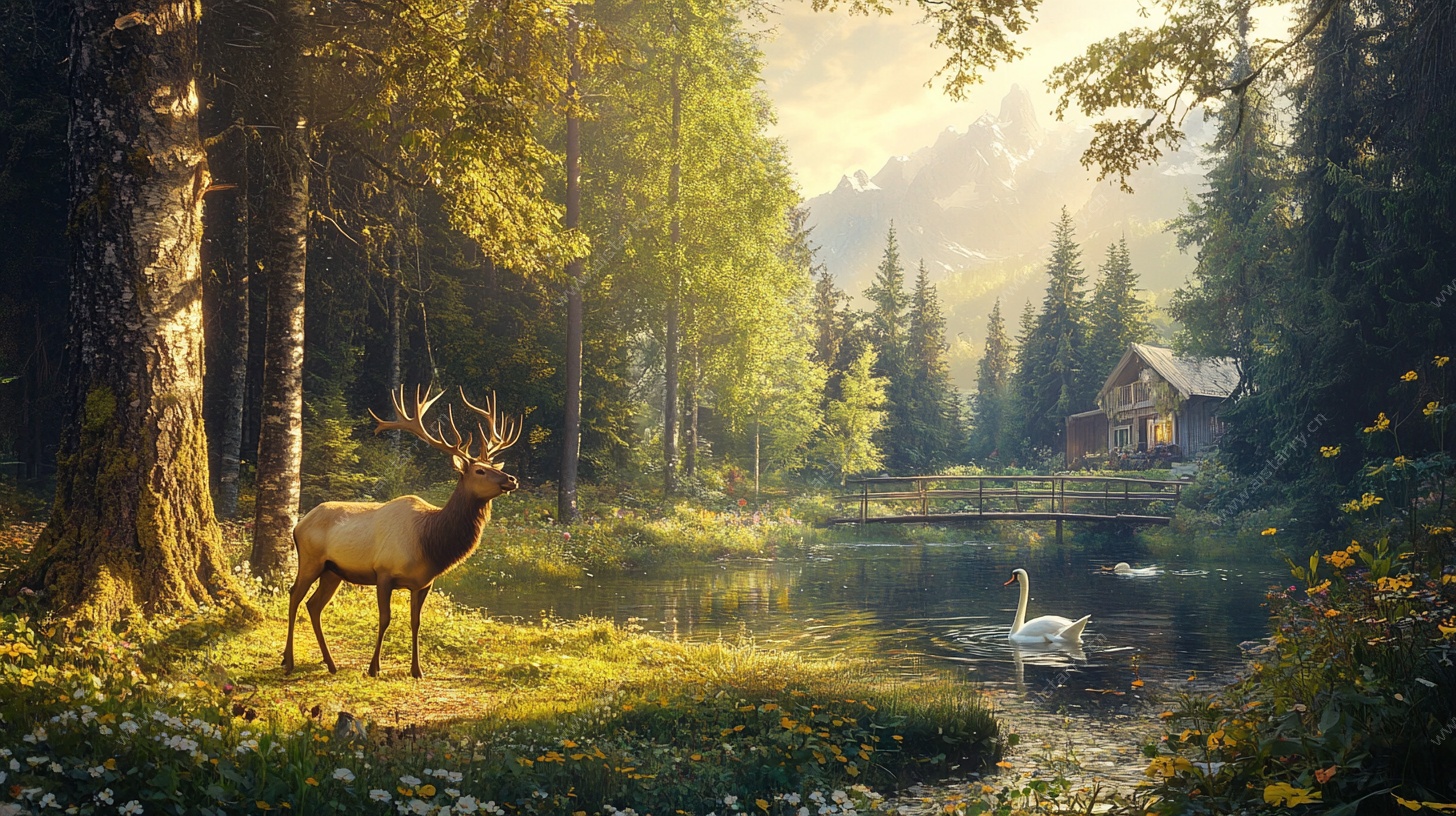 森林鹿景中的静谧小屋