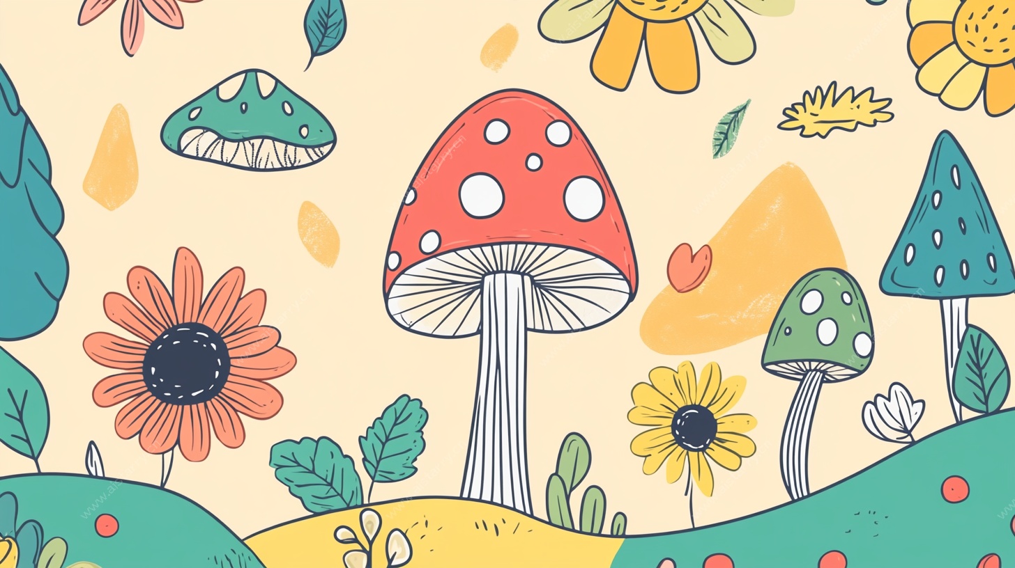 梦幻蘑菇花卉插画世界