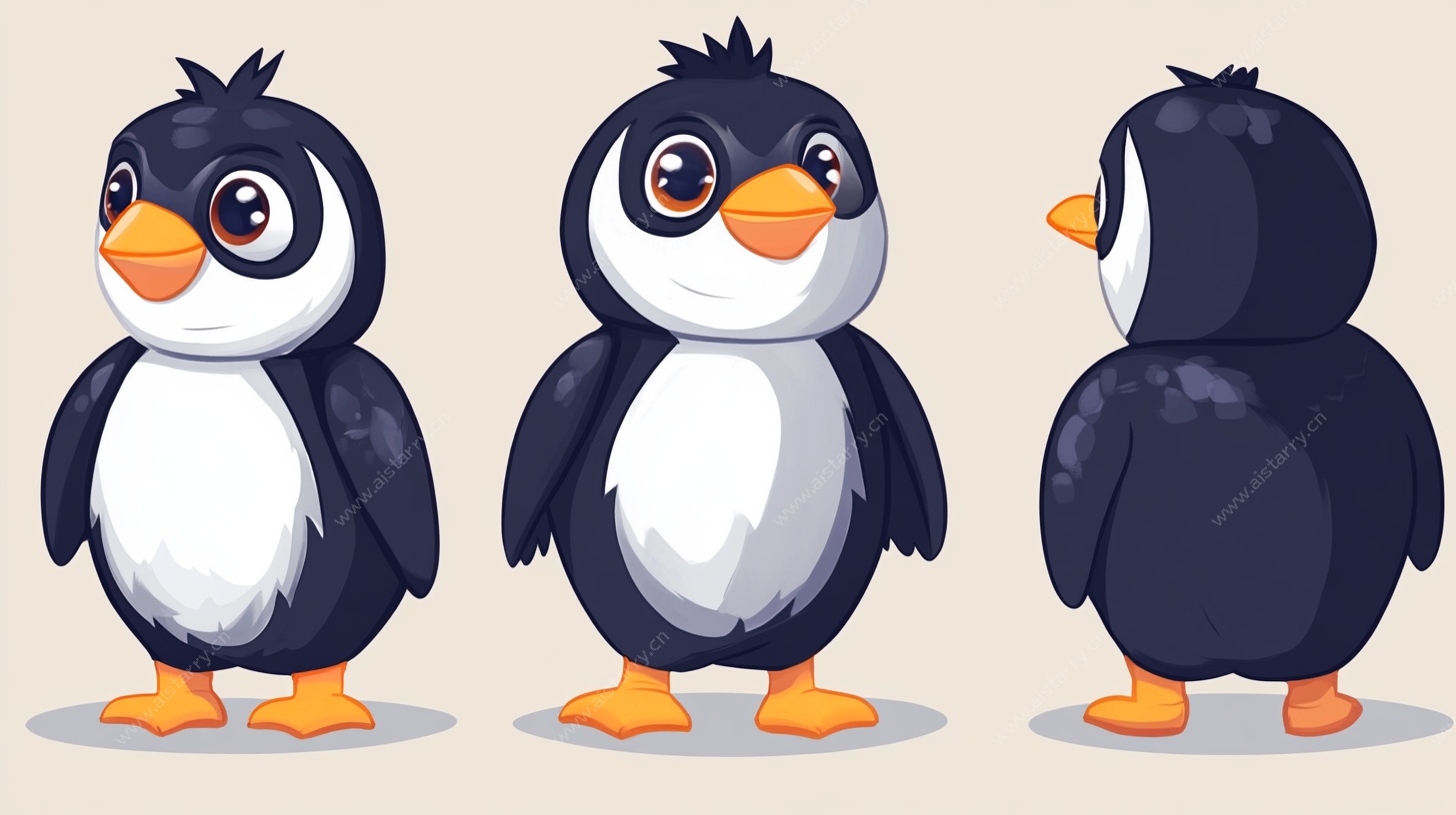 可爱企鹅三视角插画