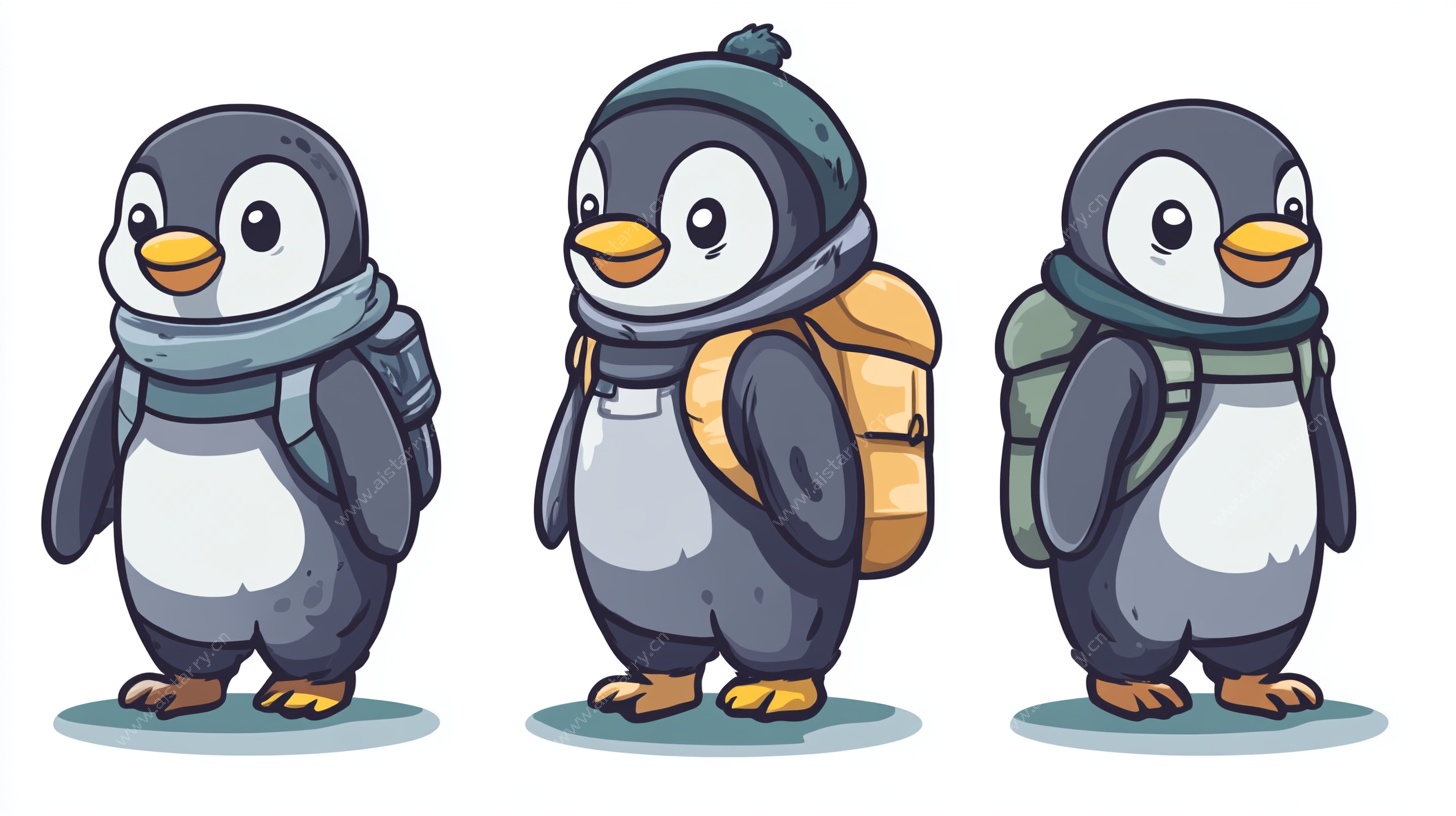 三只背包企鹅插画