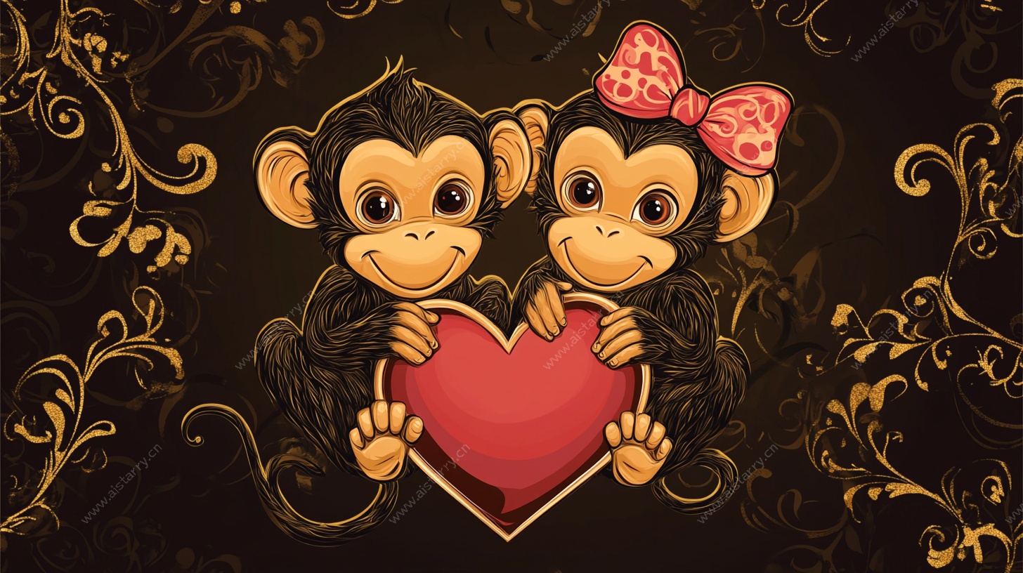 可爱双猴捧心插画