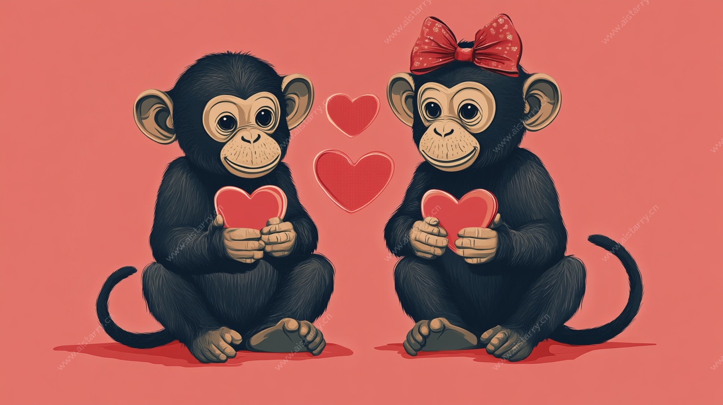 情侣小猴捧爱心插画