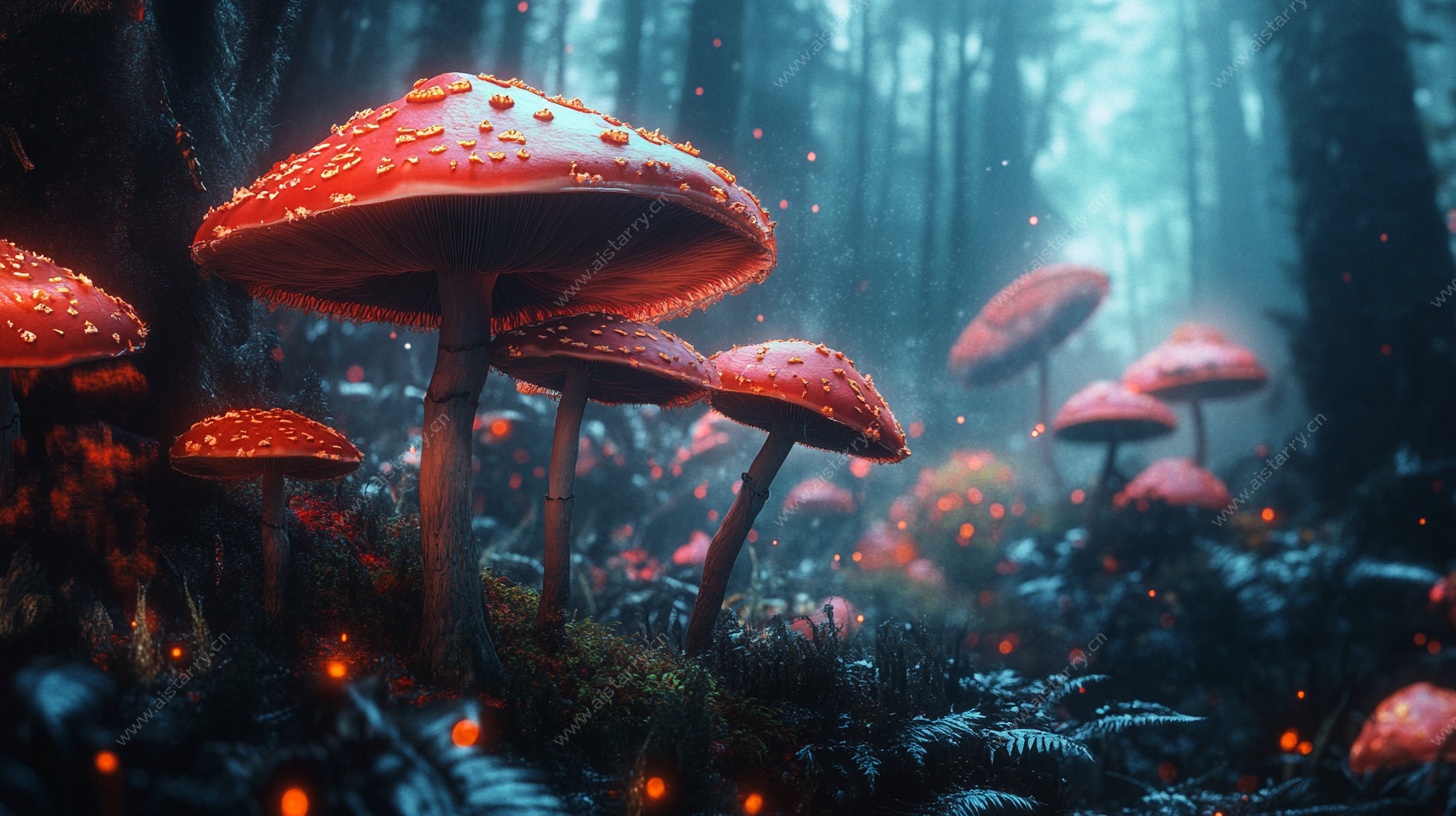 梦幻红蘑菇森林奇幻景象