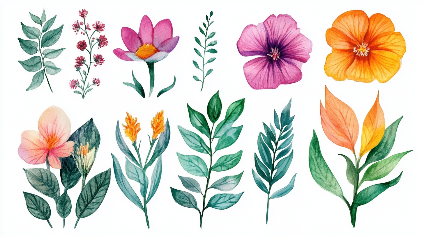 手绘水彩花卉植物元素集