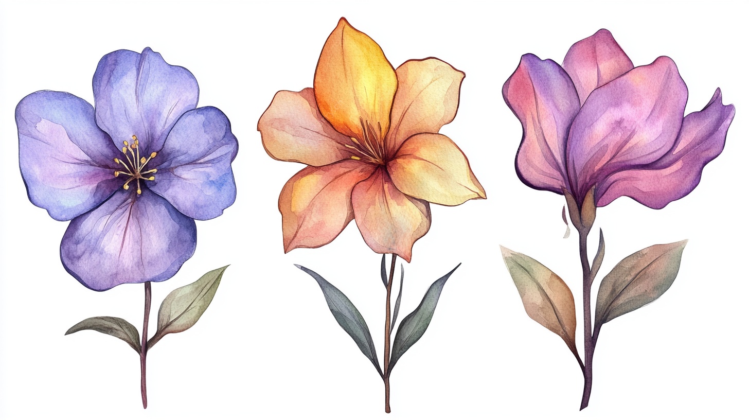 三色花卉水彩插画