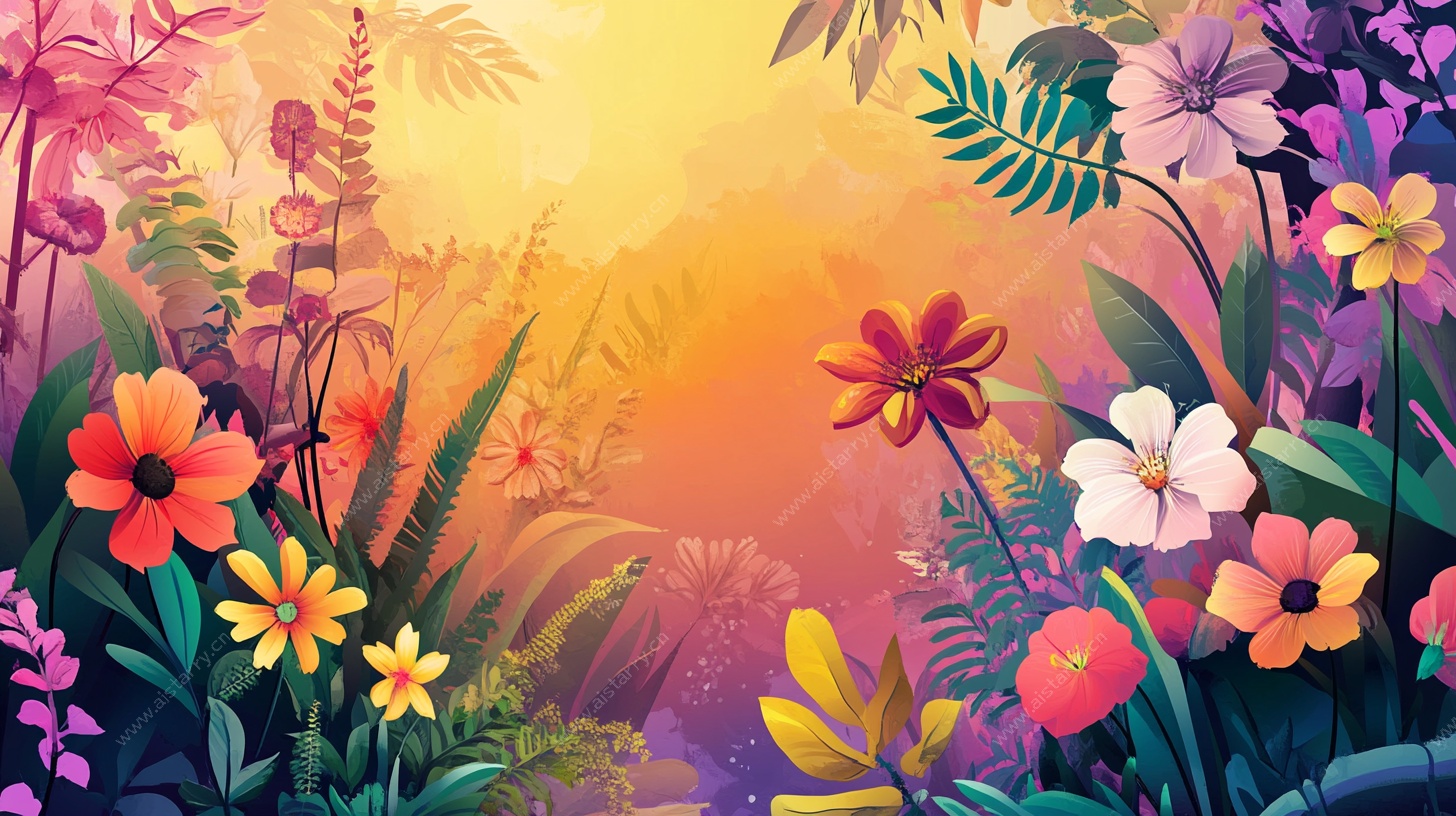 梦幻花卉丛林风景插画