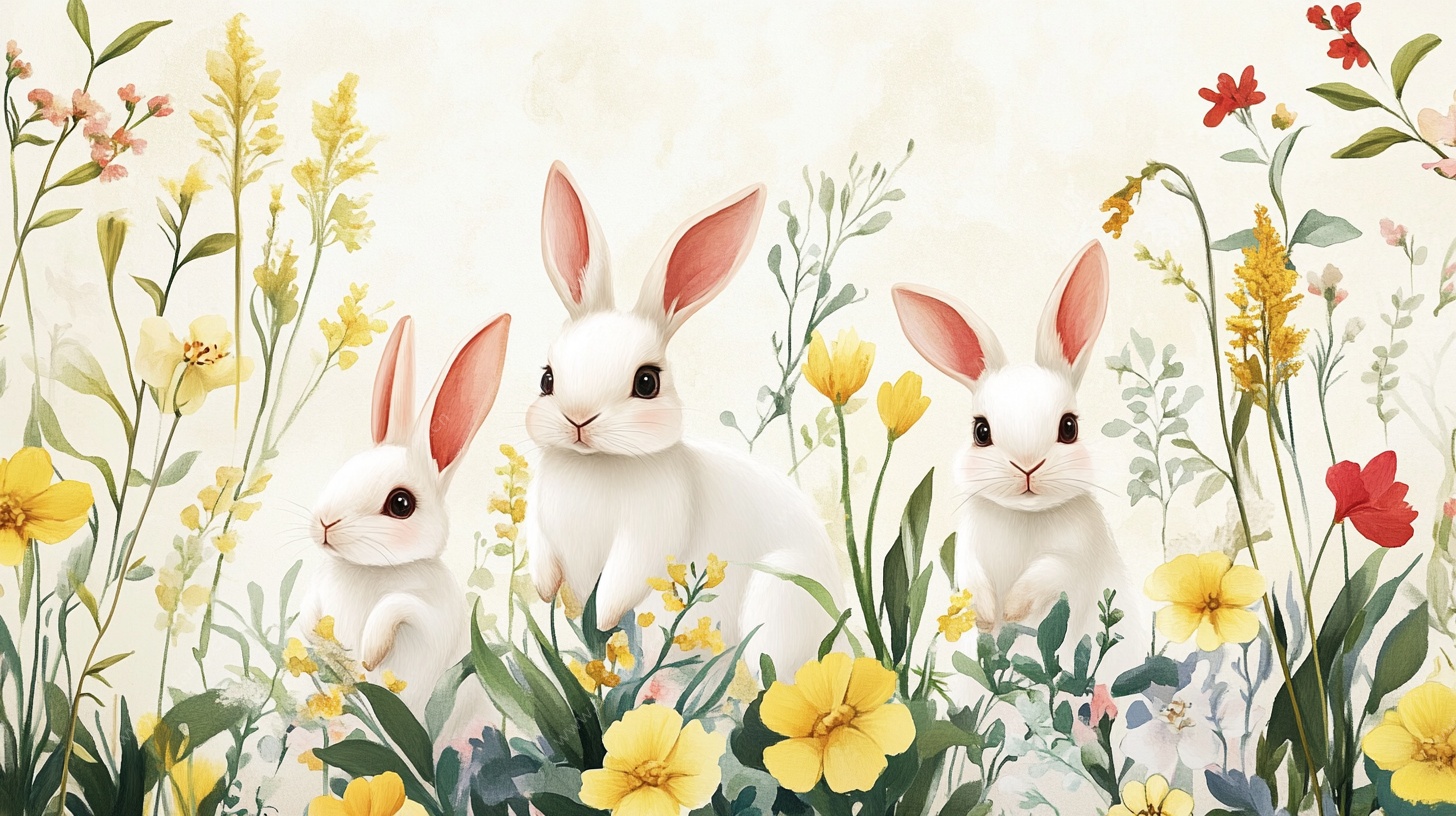 花丛中的三只可爱白兔