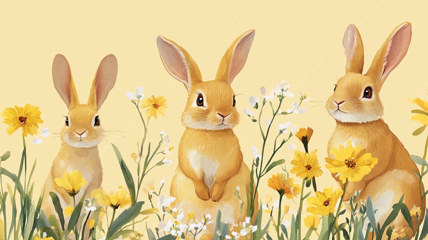 三只萌兔于花丛中