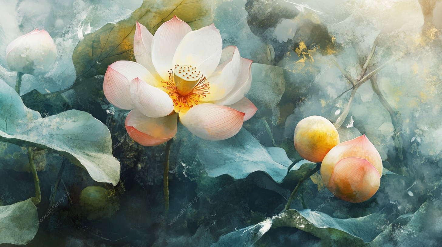 水墨荷花与鲜果意境图