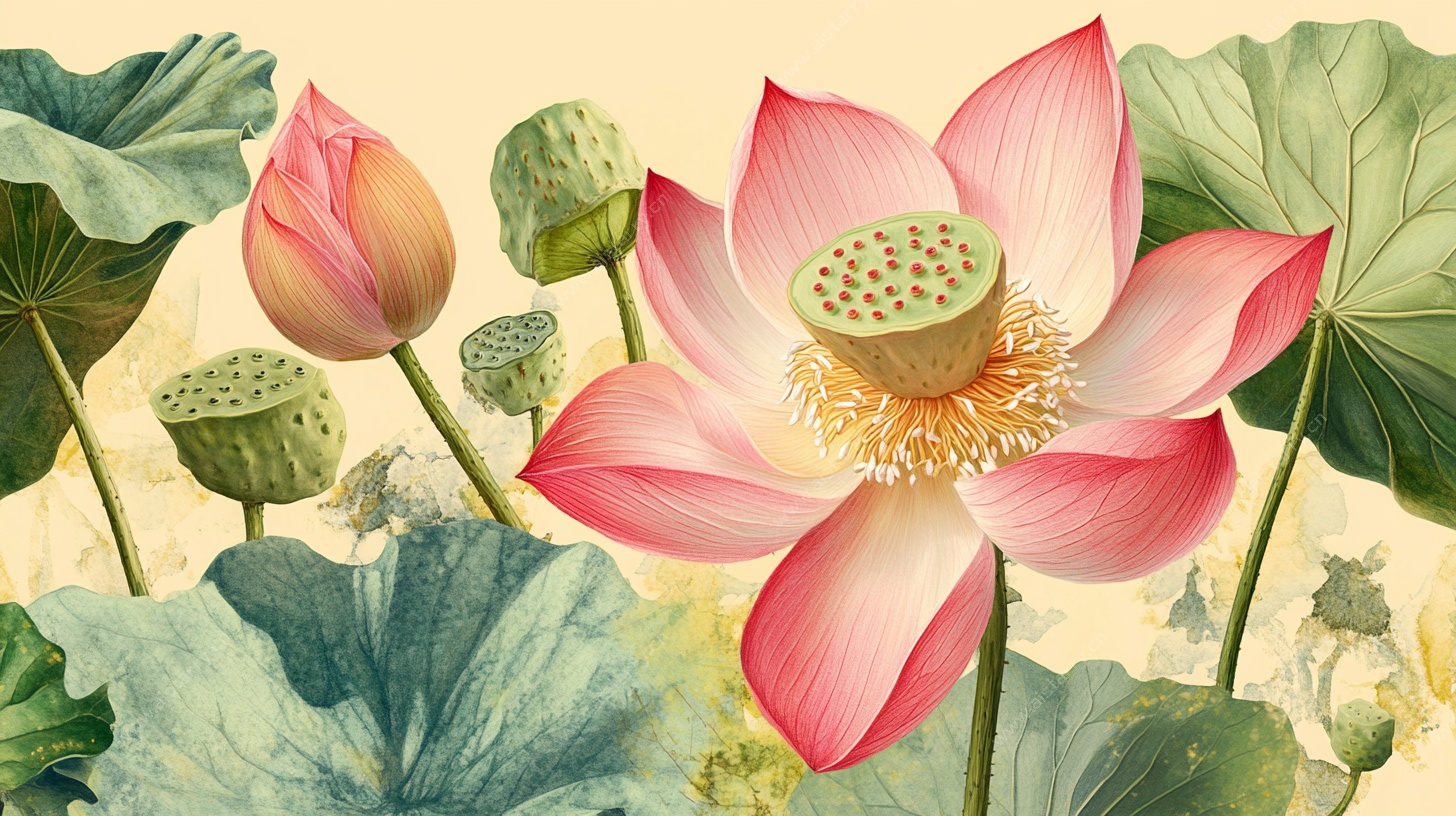 水墨风盛开荷花与荷叶图