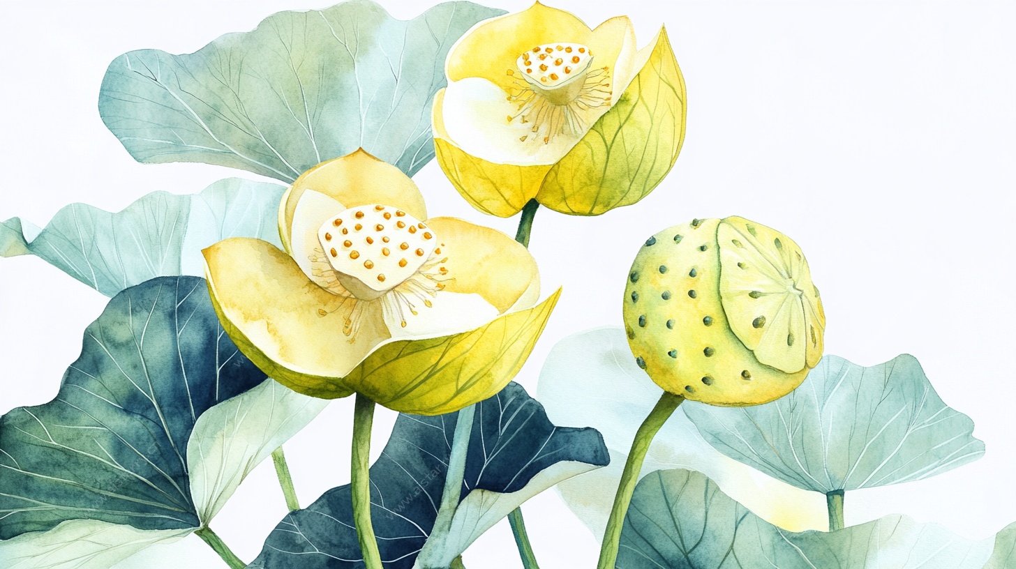 水彩绘黄色荷花与莲蓬