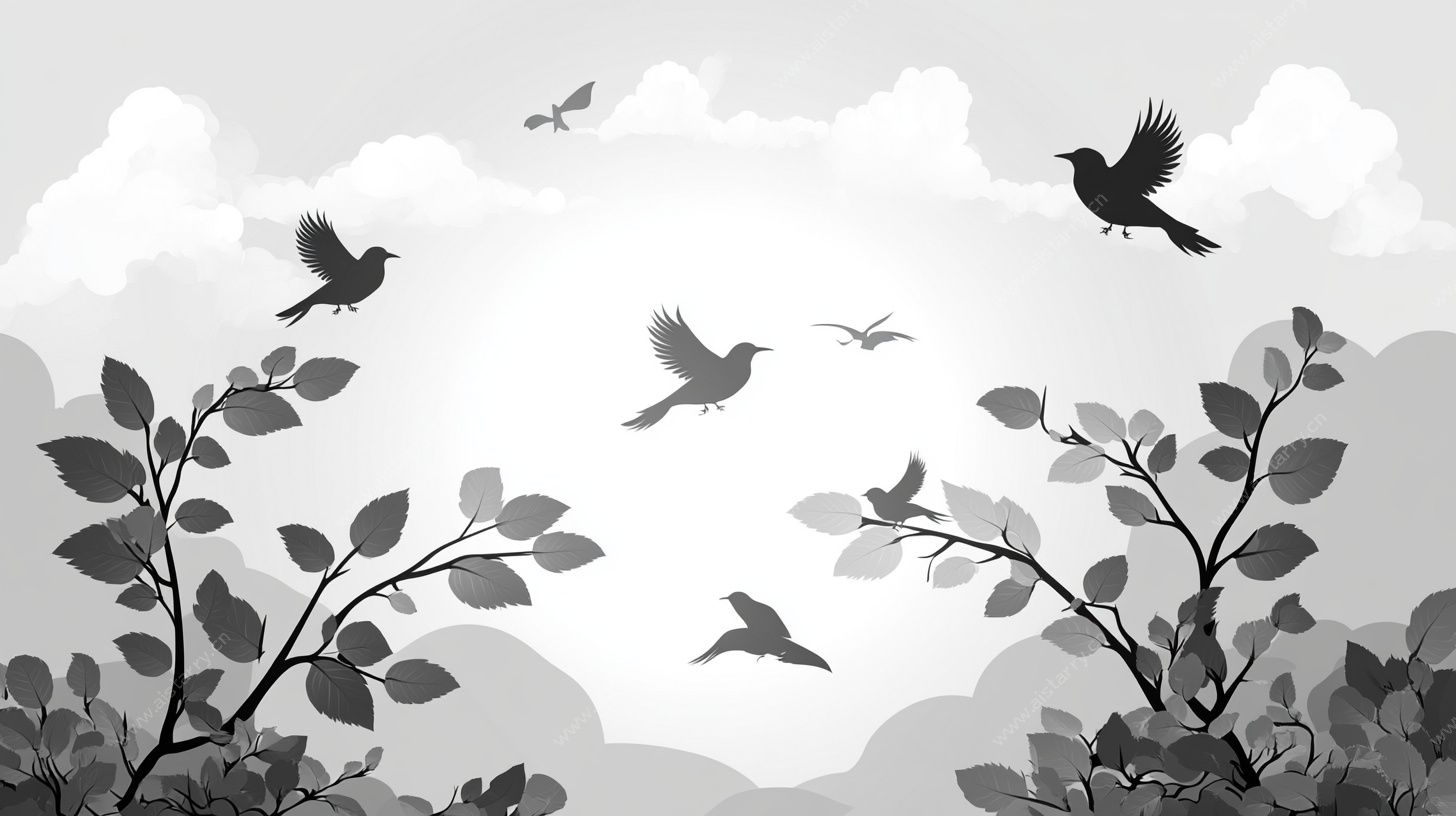 飞鸟于枝叶间翱翔图景