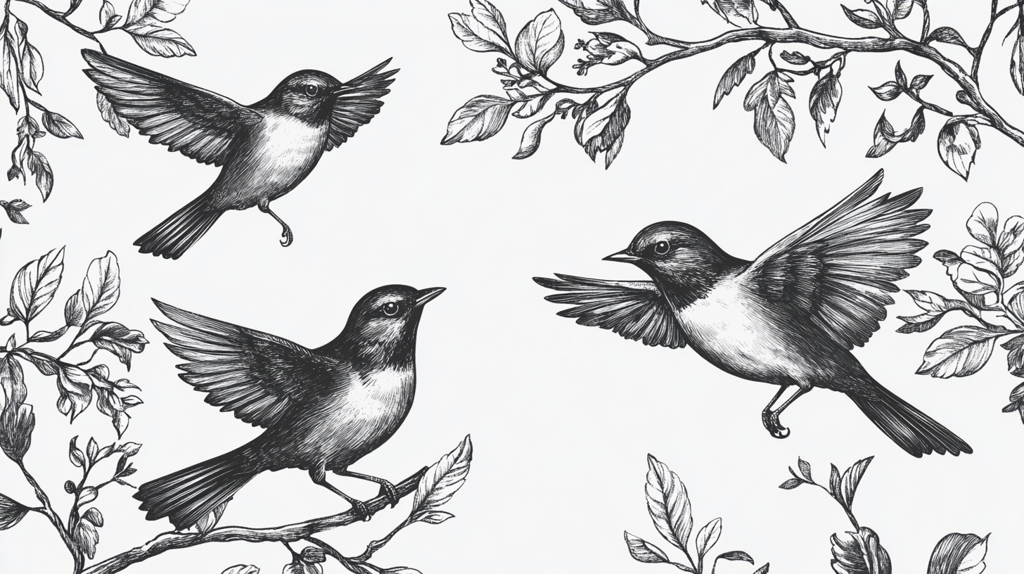飞鸟栖枝黑白插画