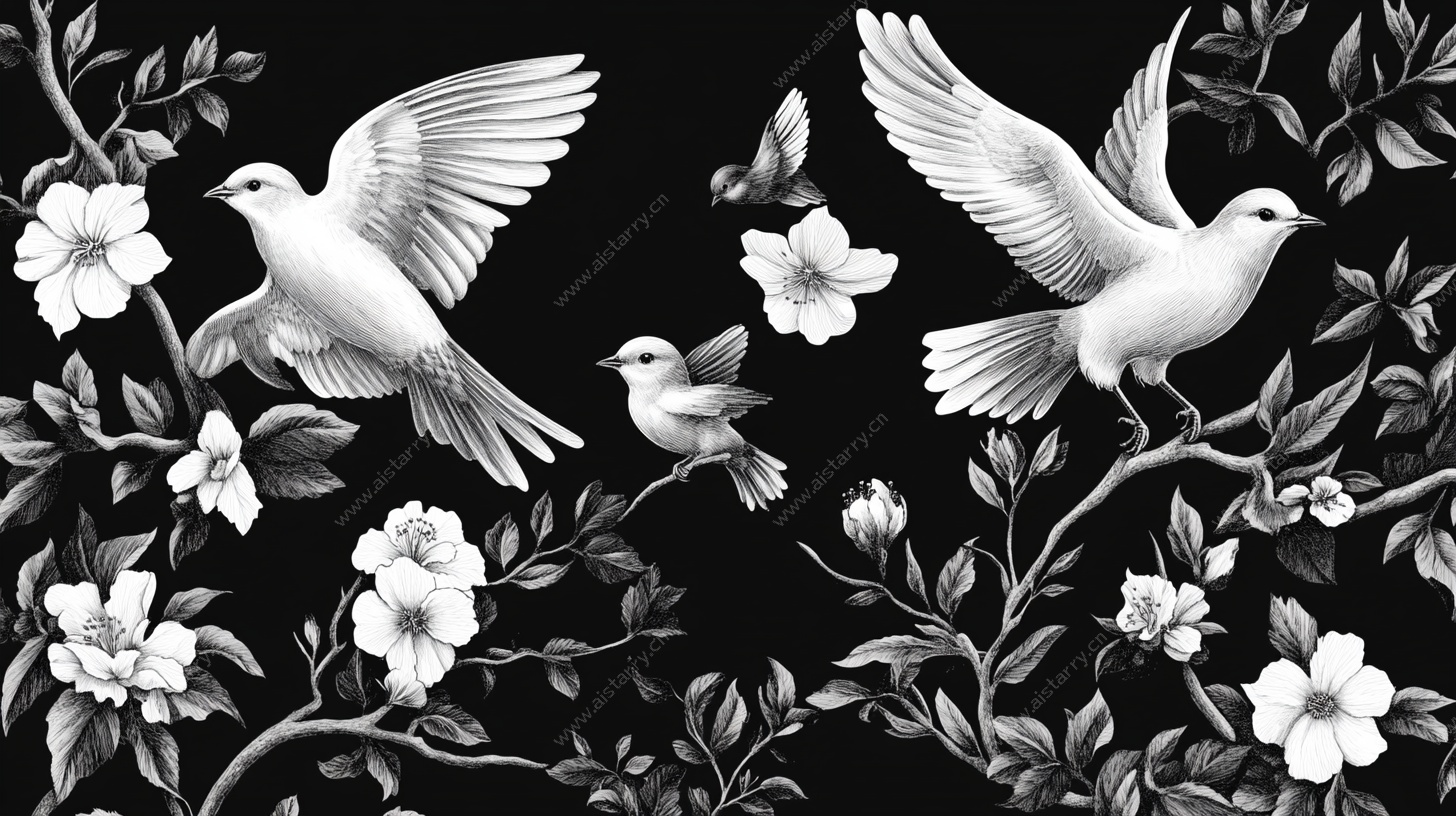 黑白花鸟图