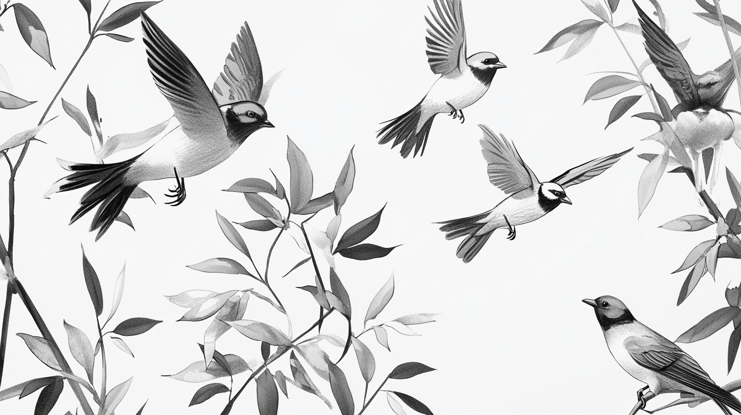 飞鸟栖枝黑白水墨画