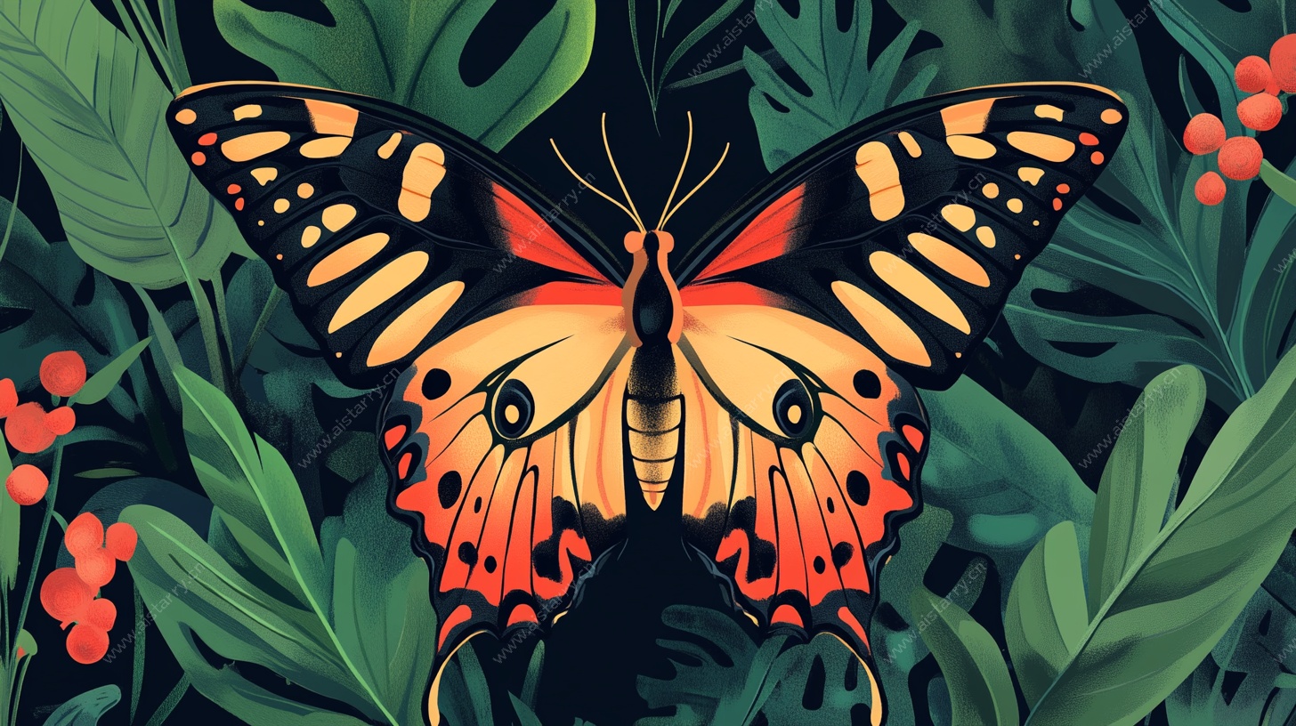 斑斓蝴蝶栖于繁茂绿植间