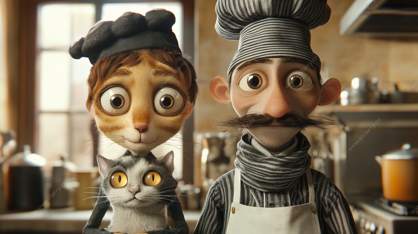 卡通厨师与猫咪厨房场景