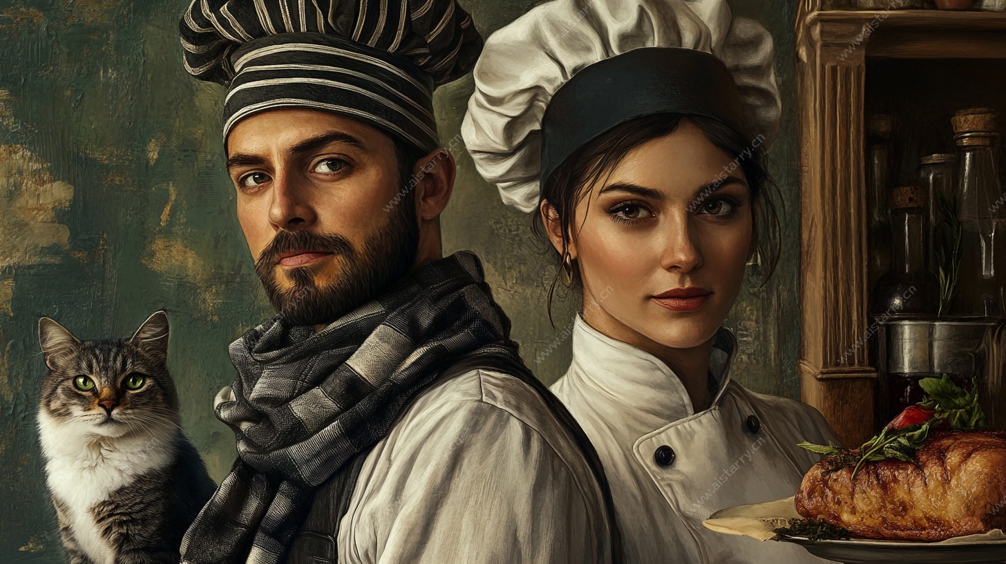 两位厨师与猫的温馨场景