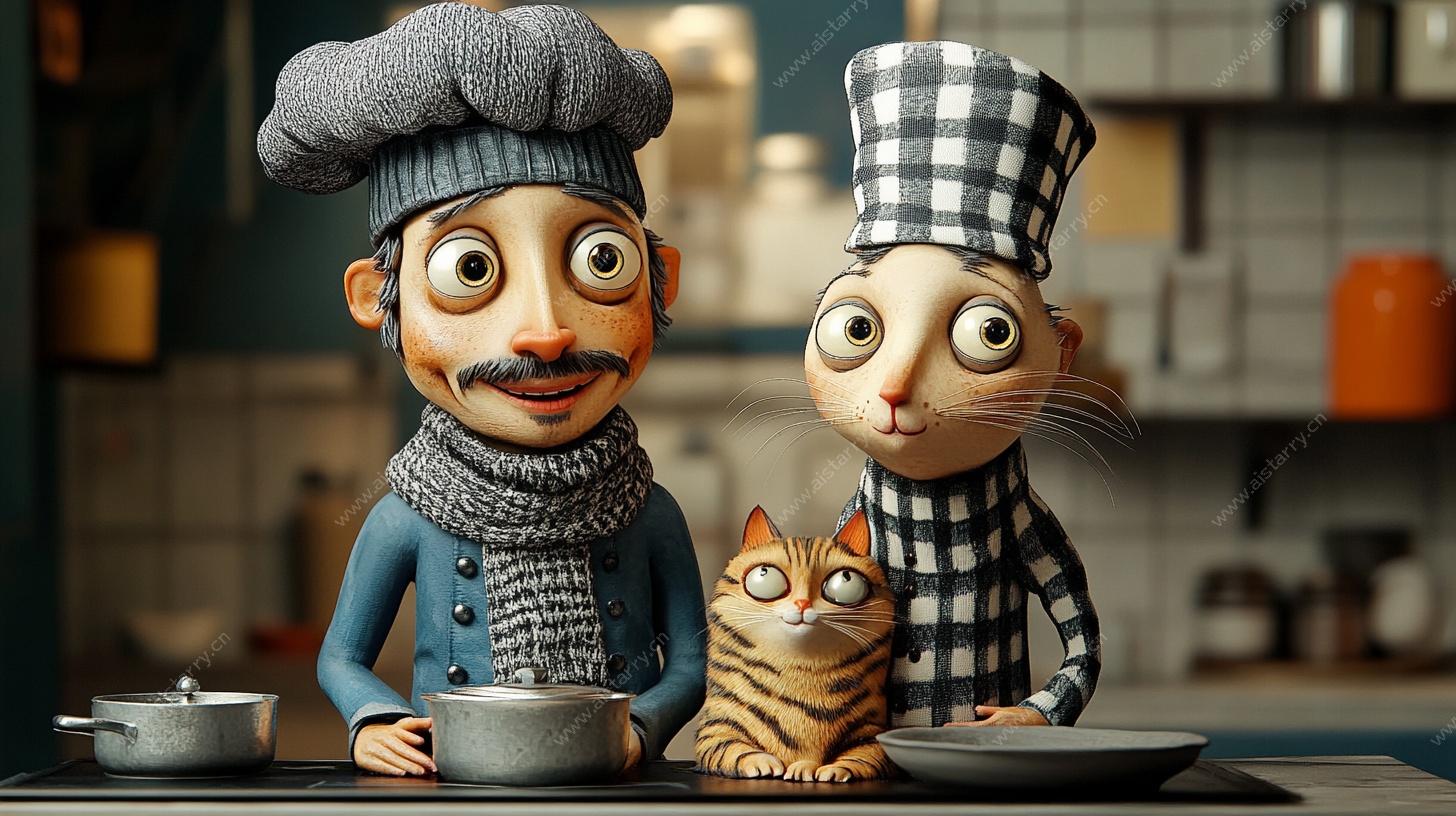 两位厨师与猫咪的厨房趣景