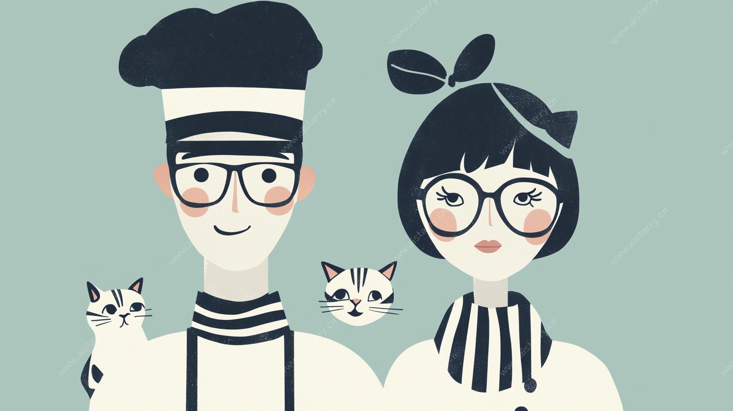 情侣厨师与猫咪插画