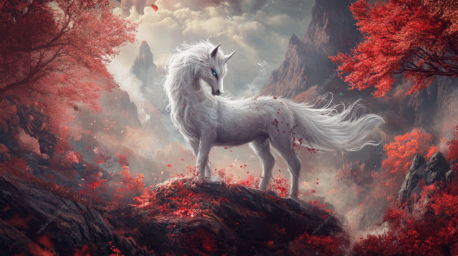 白独角兽立于红叶山林间