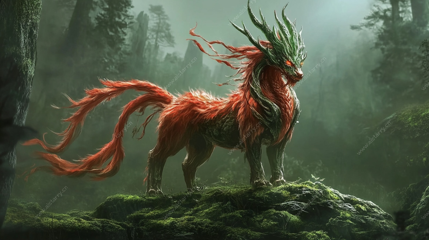 奇幻红麟兽于幽森山林间