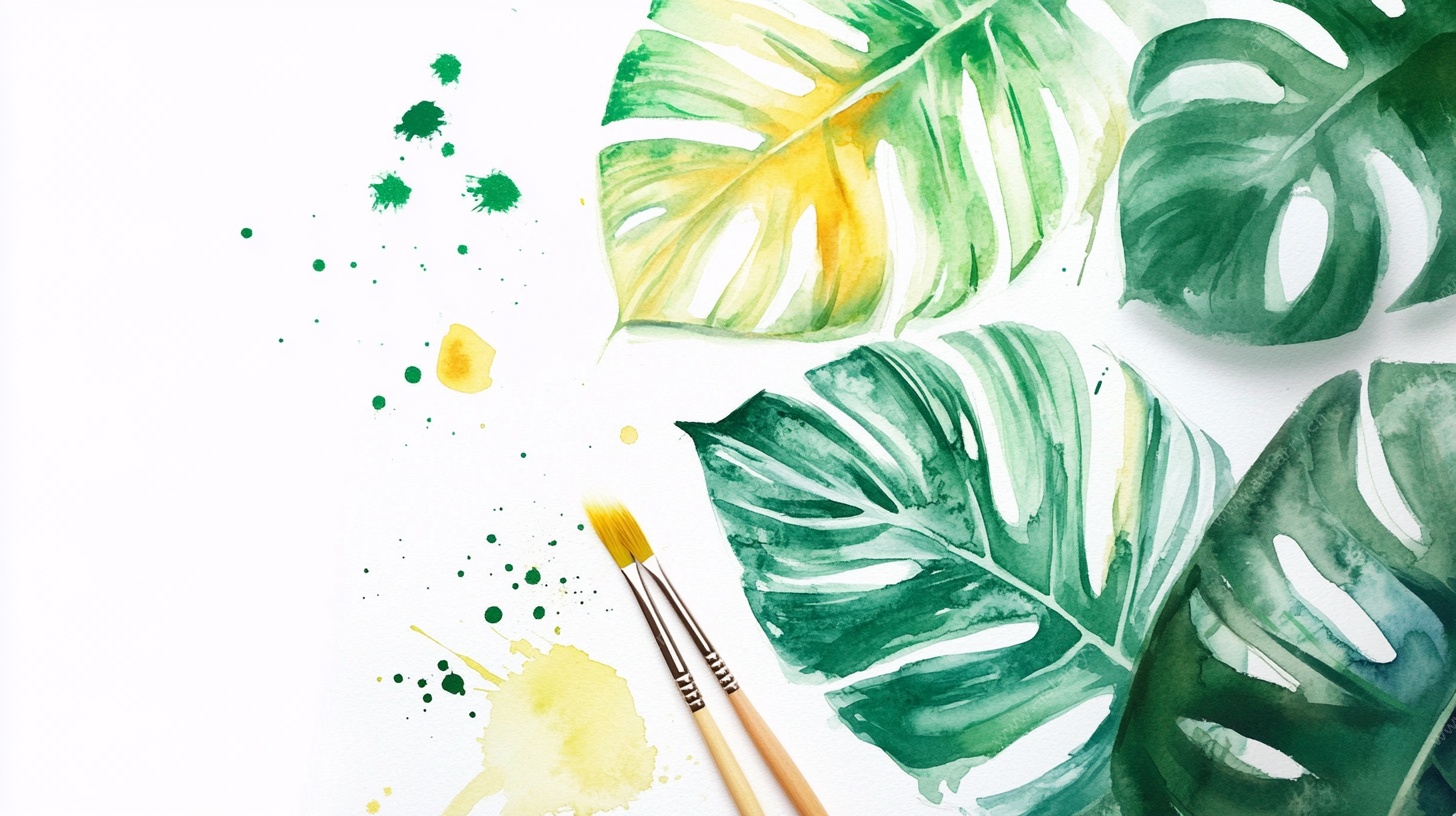 手绘龟背叶与绘画工具