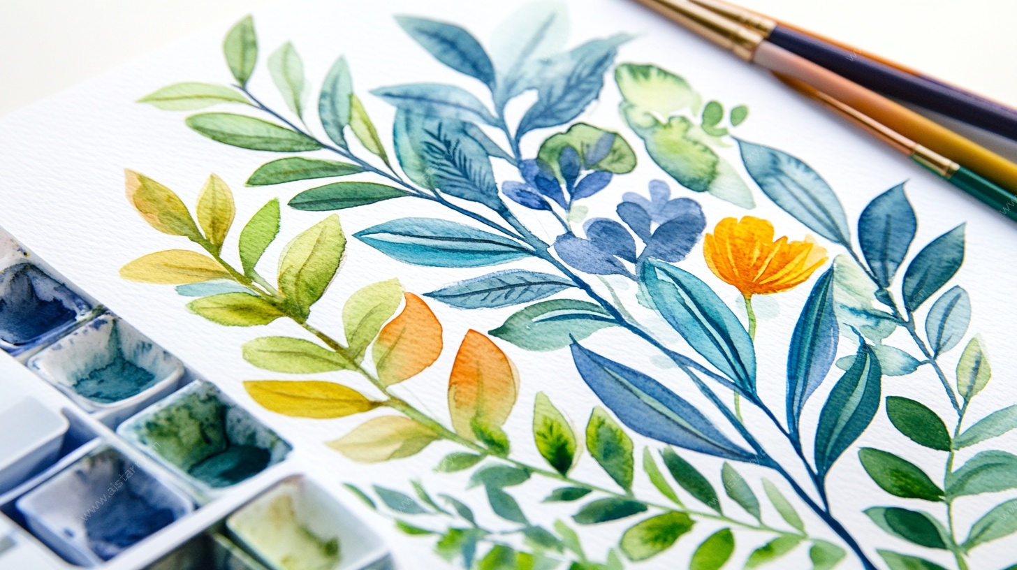 水彩花卉枝叶绘画作品