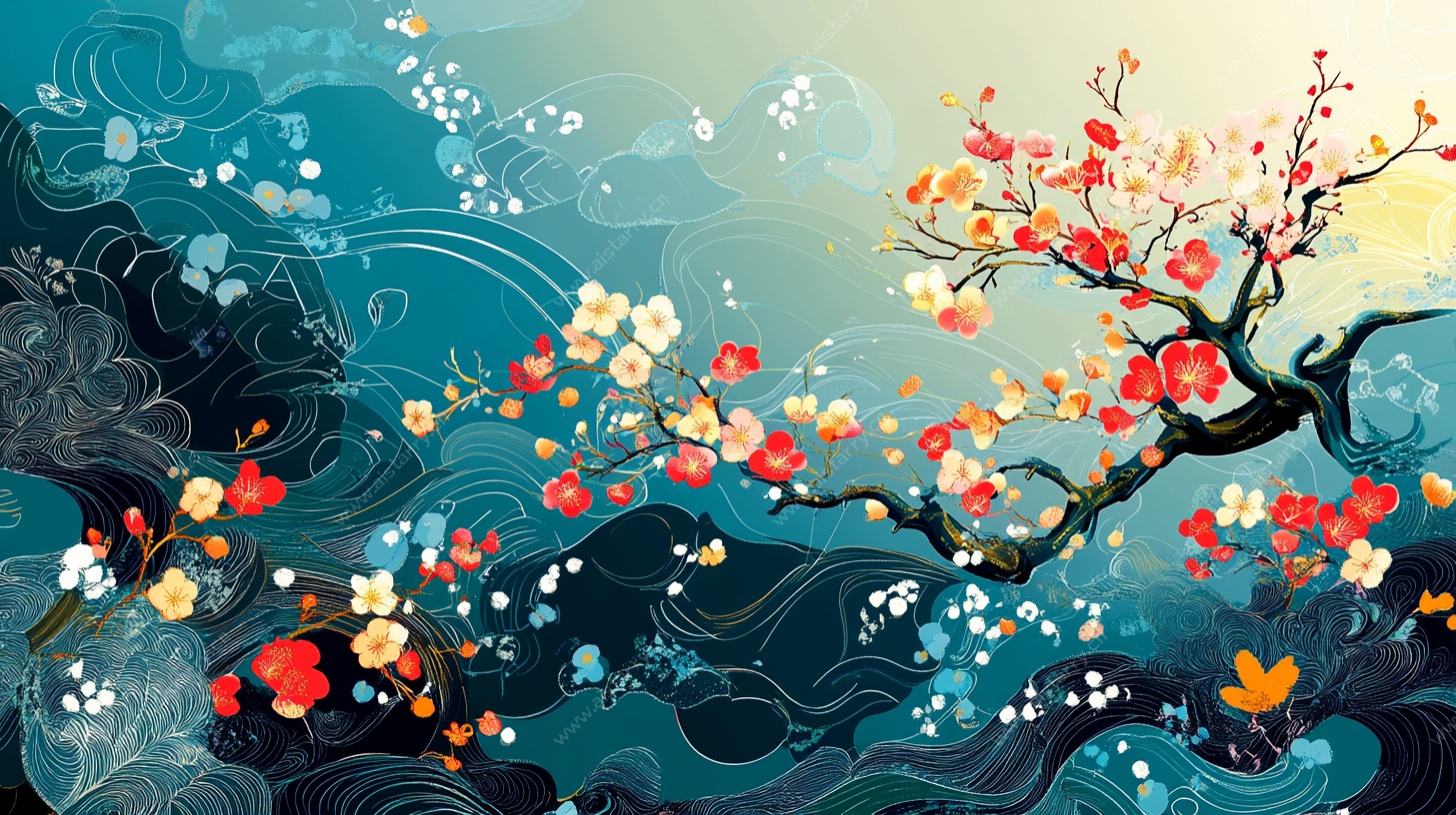 中式水墨风绽放的梅花图