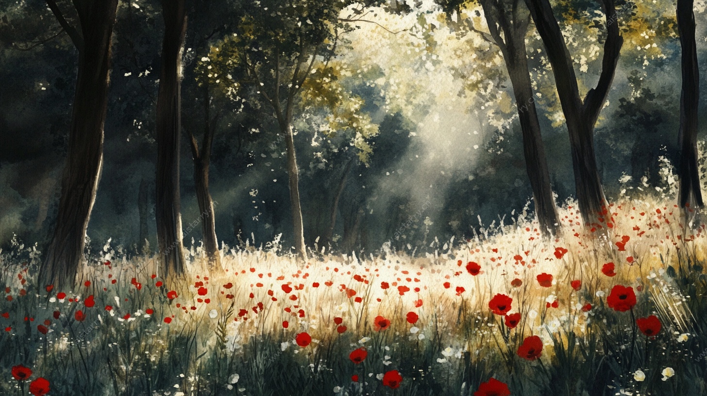 阳光照耀下的林间花海