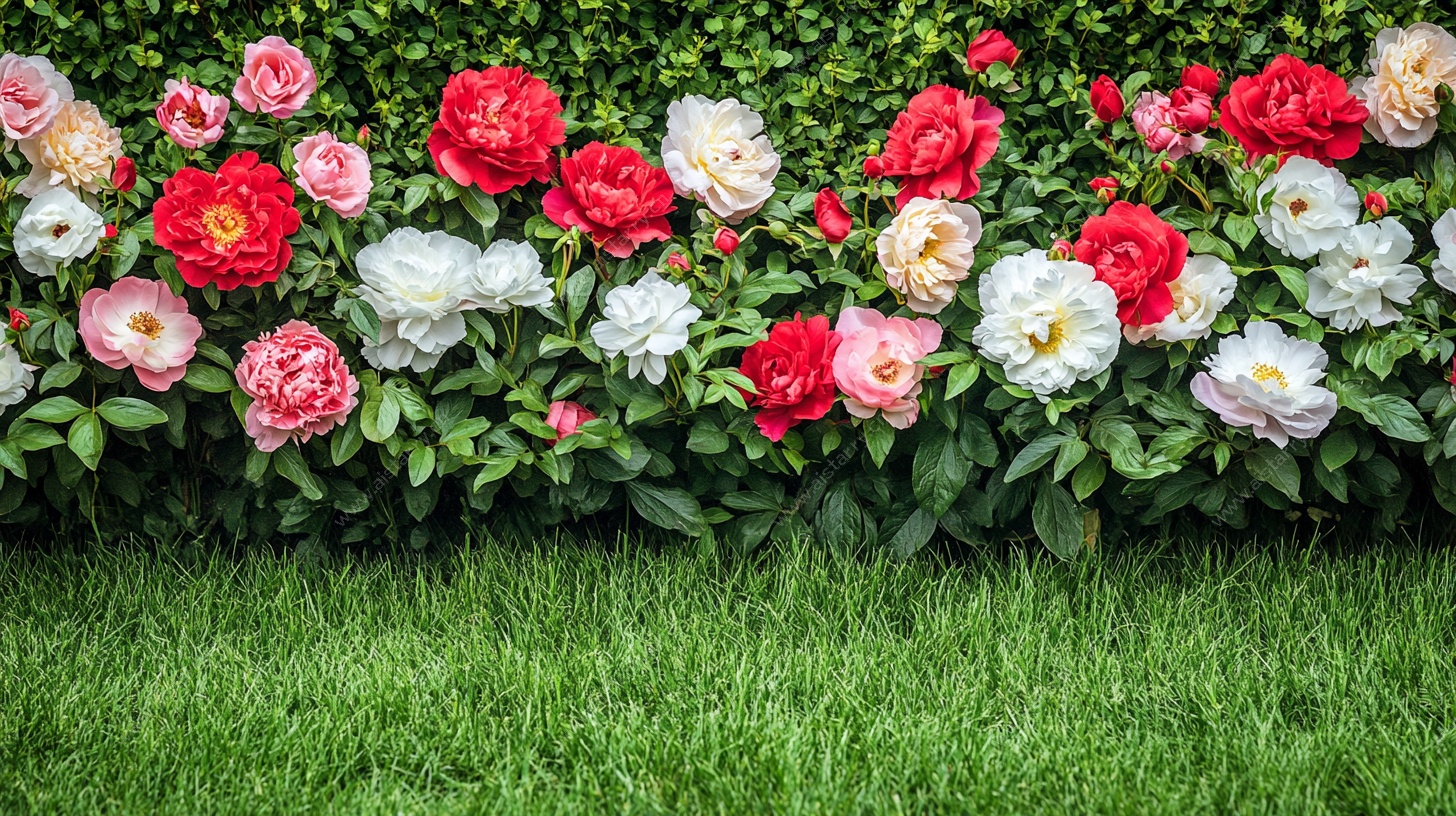 多彩芍药花与翠绿草坪