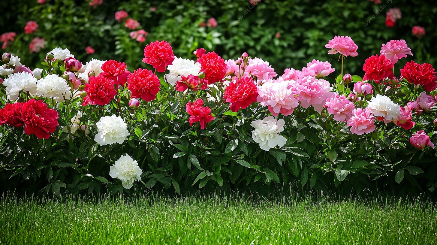 多彩芍药绽放于绿草地