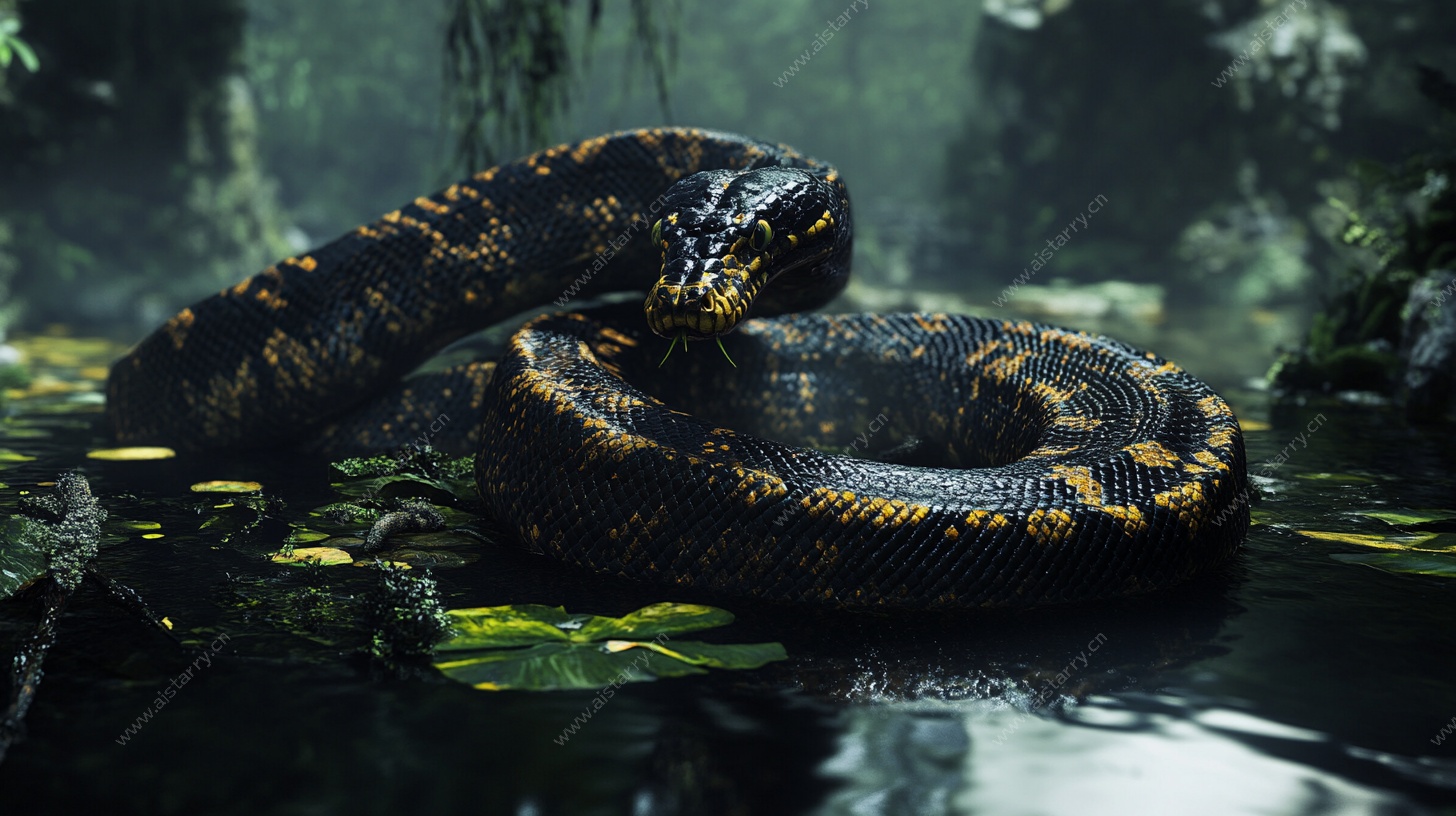 盘卧水中的斑斓巨蟒