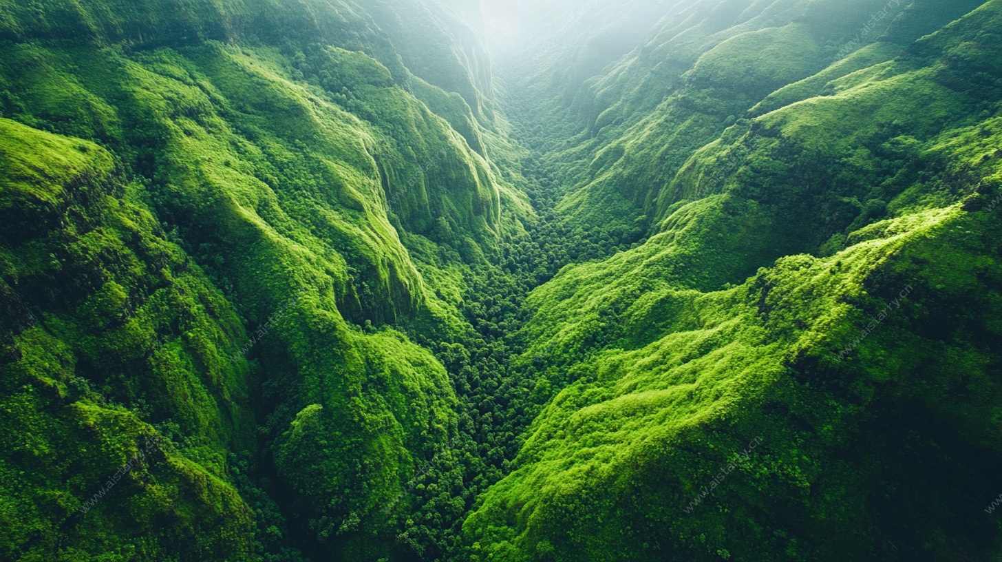 空中俯瞰翠绿山谷