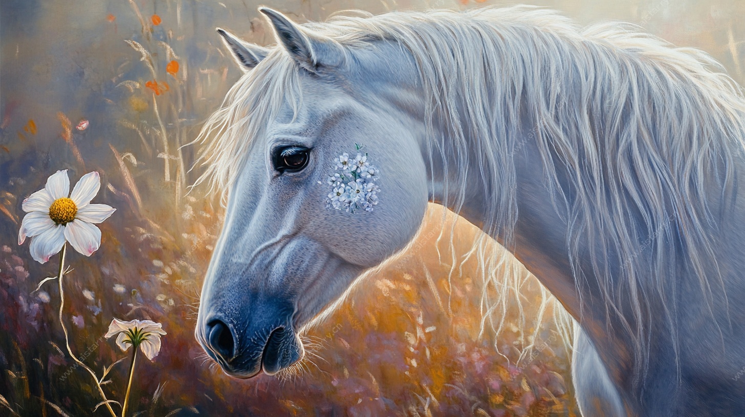 梦幻白马于花海中伫立