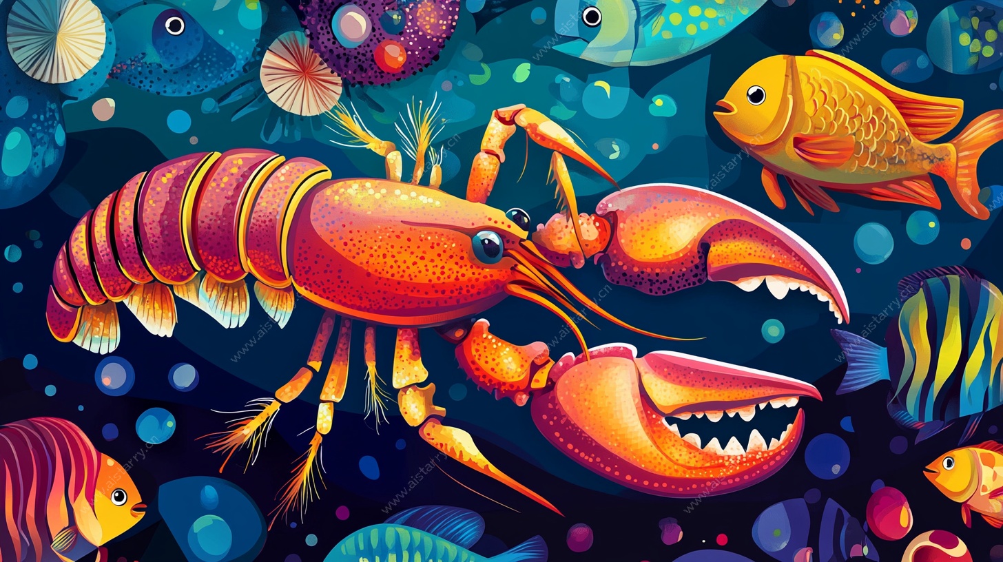 海底龙虾与群鱼插画
