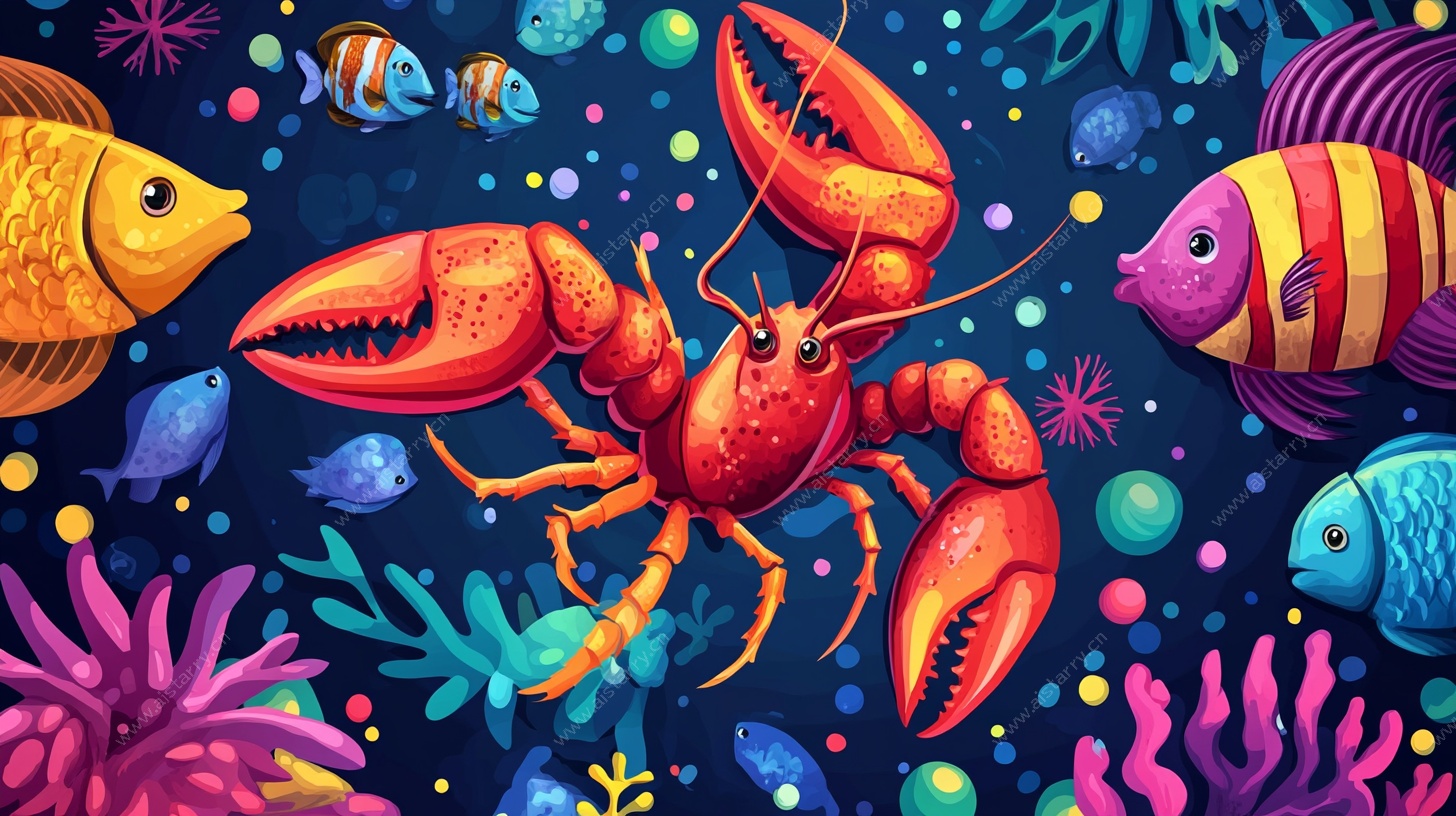 海洋中的多彩龙虾与鱼群