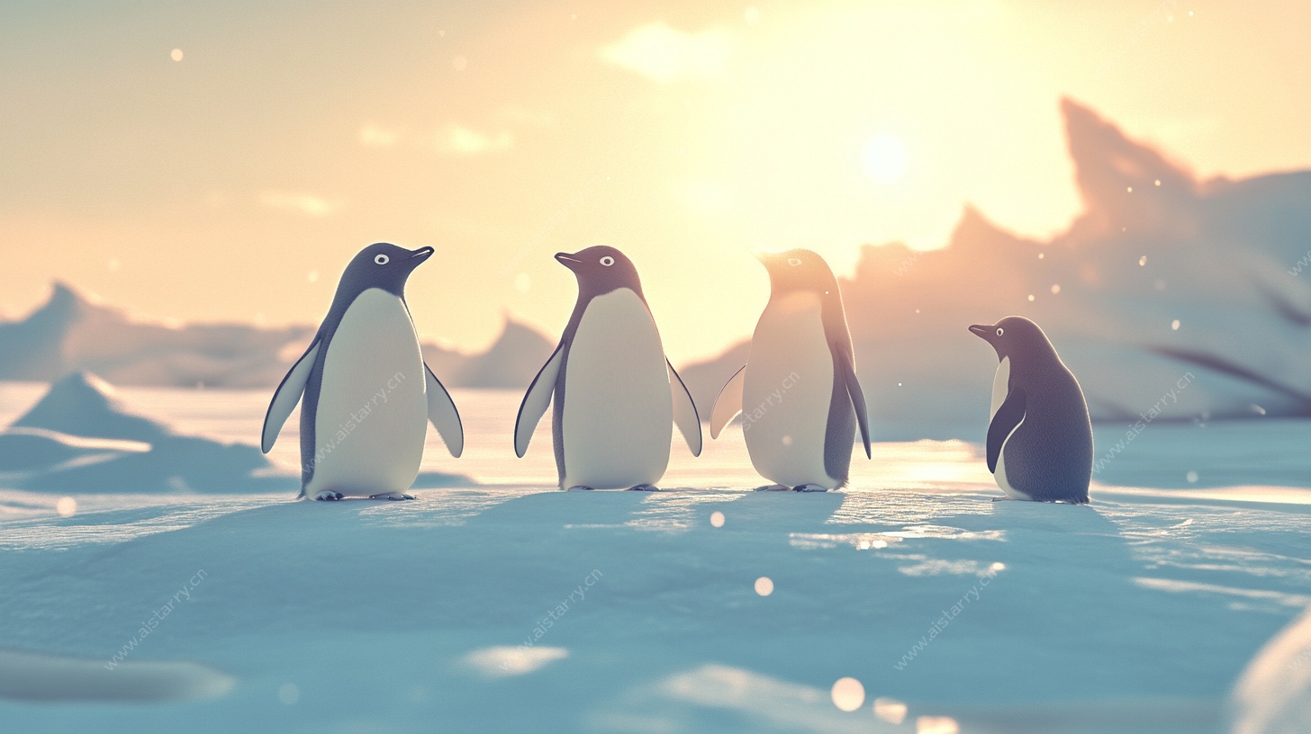 夕阳下的南极企鹅群像