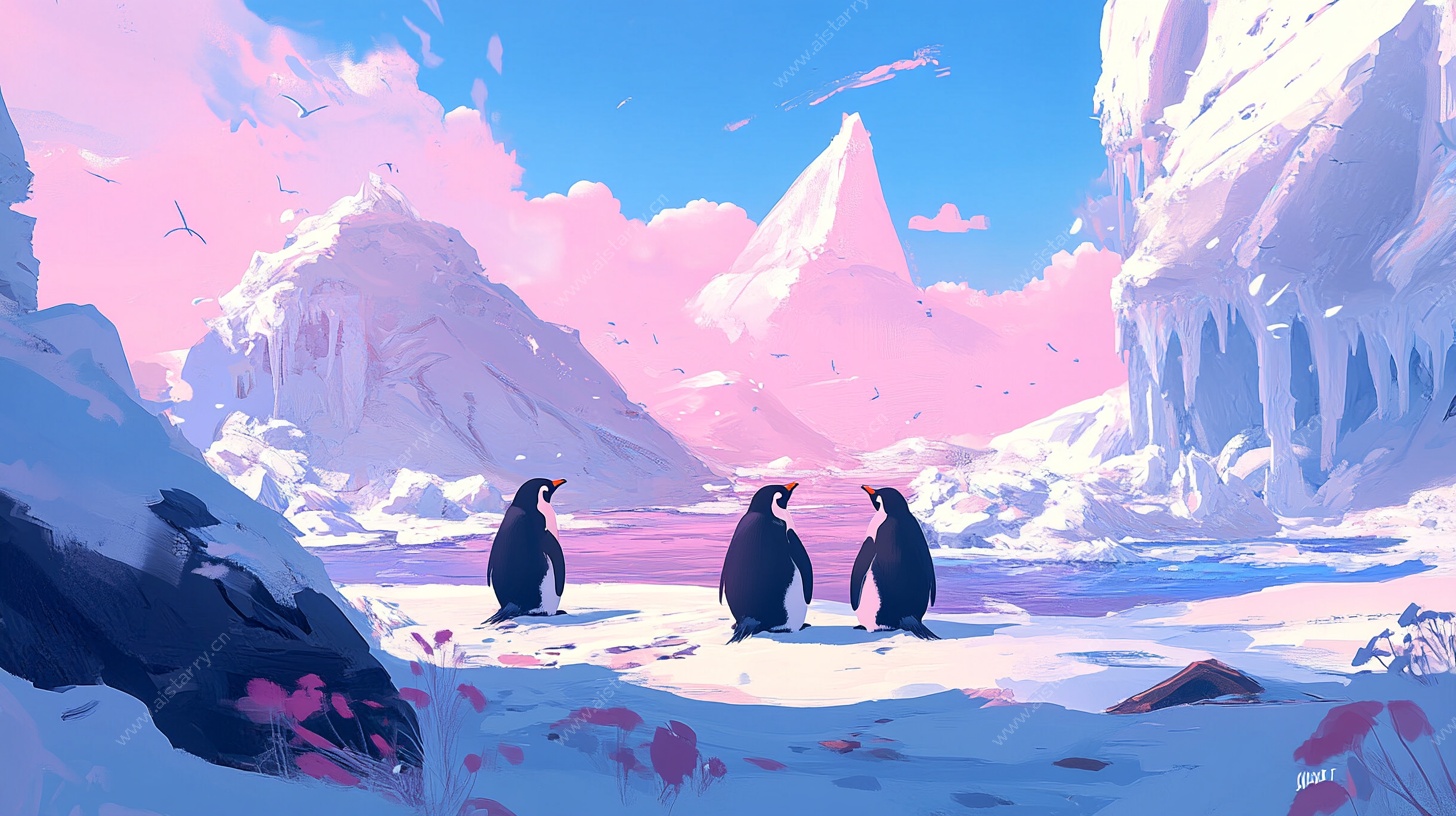 极地三企鹅梦幻雪景图