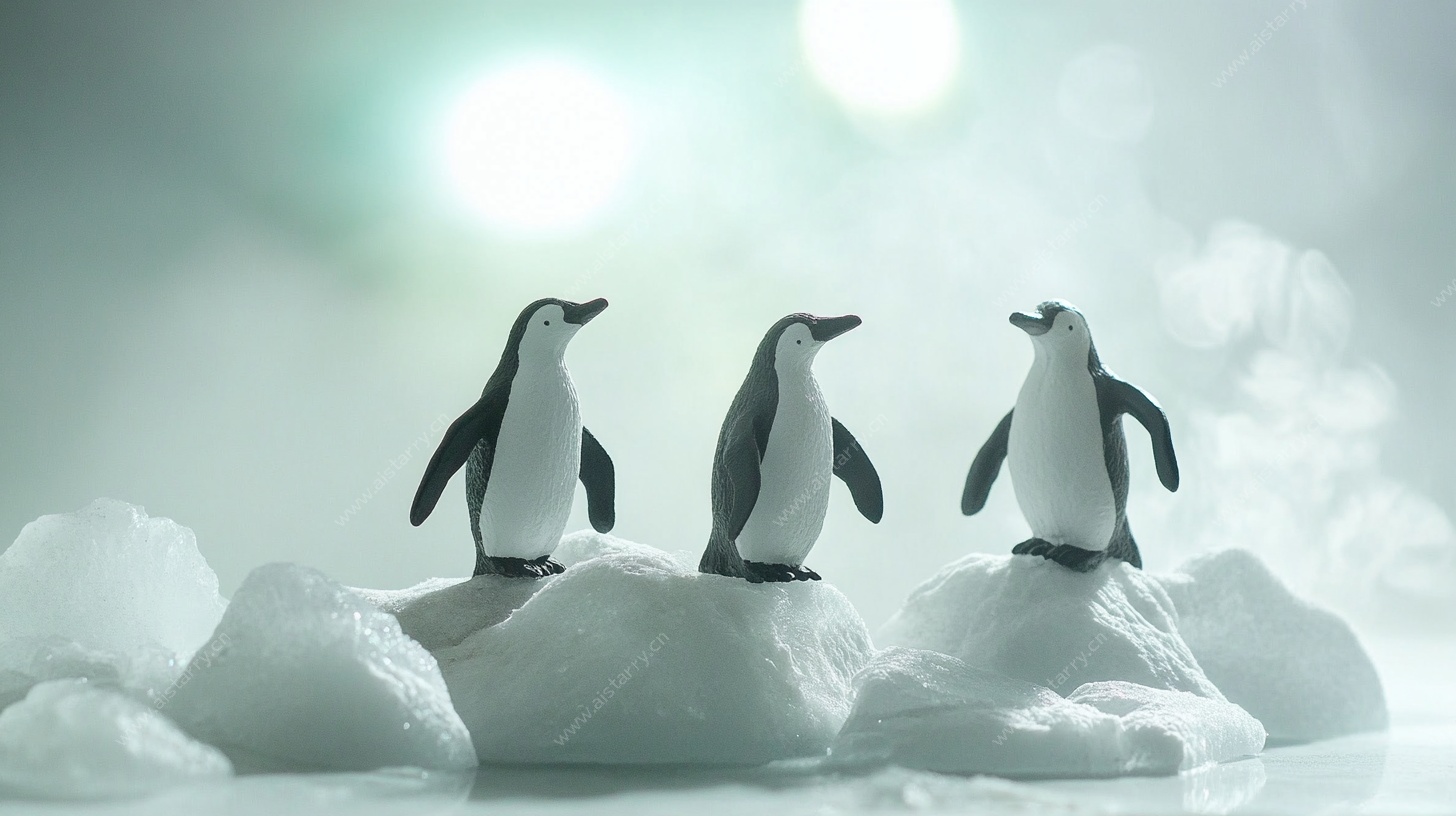 三只企鹅站在冰石上
