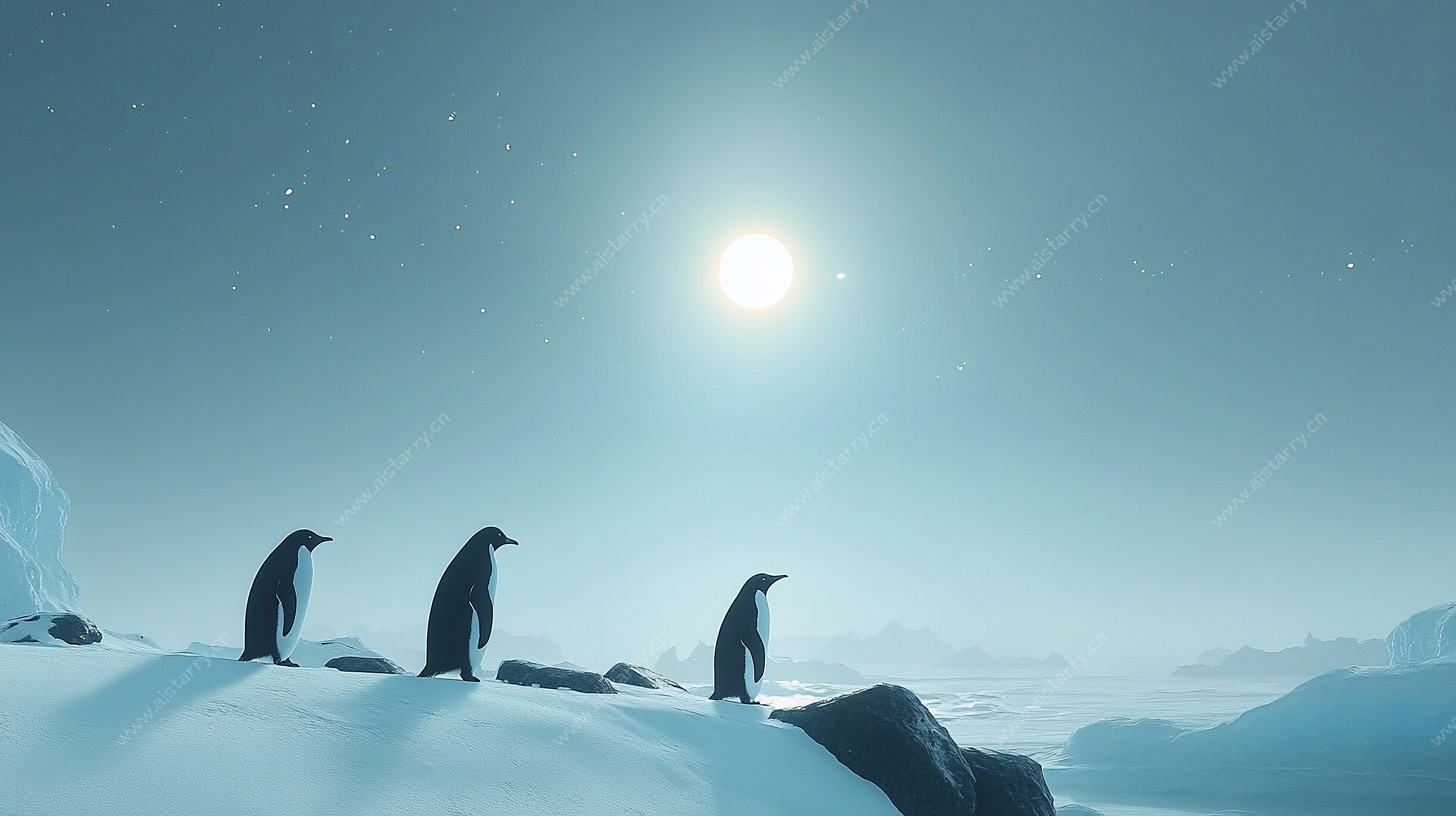 极地企鹅月夜静立图