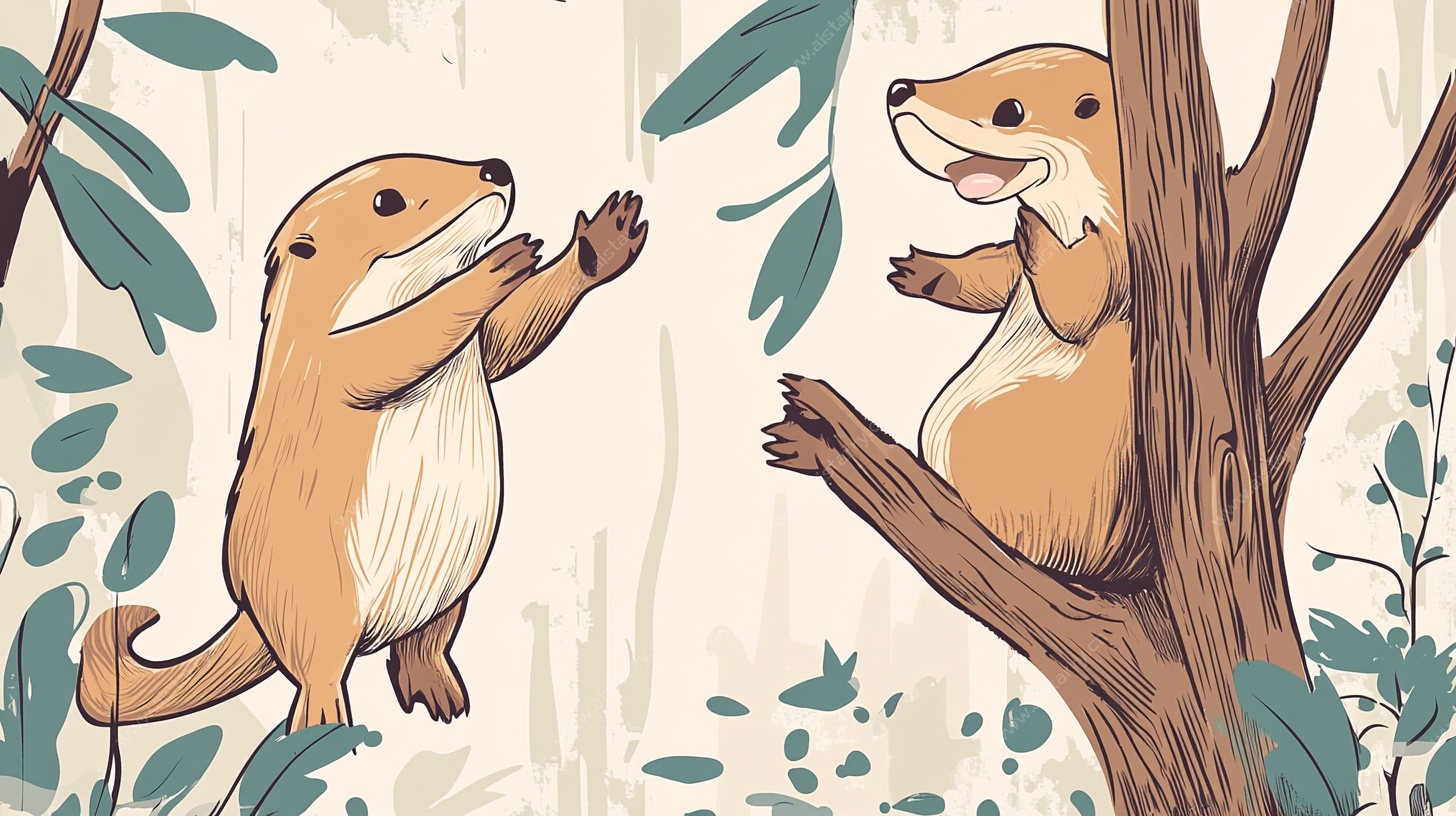 树上水獭互动可爱插画
