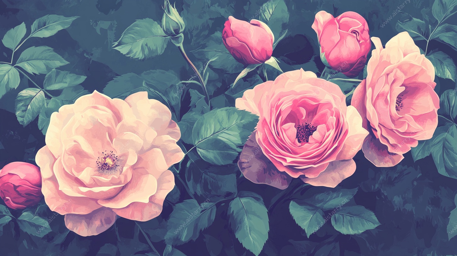 复古风粉色玫瑰花卉图
