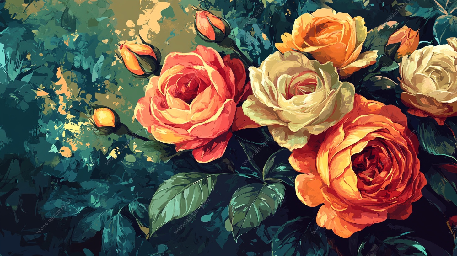 艳丽绽放的多彩玫瑰花