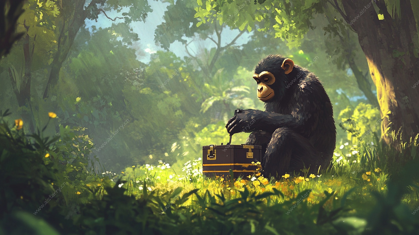 森林中黑猩猩开启神秘宝箱