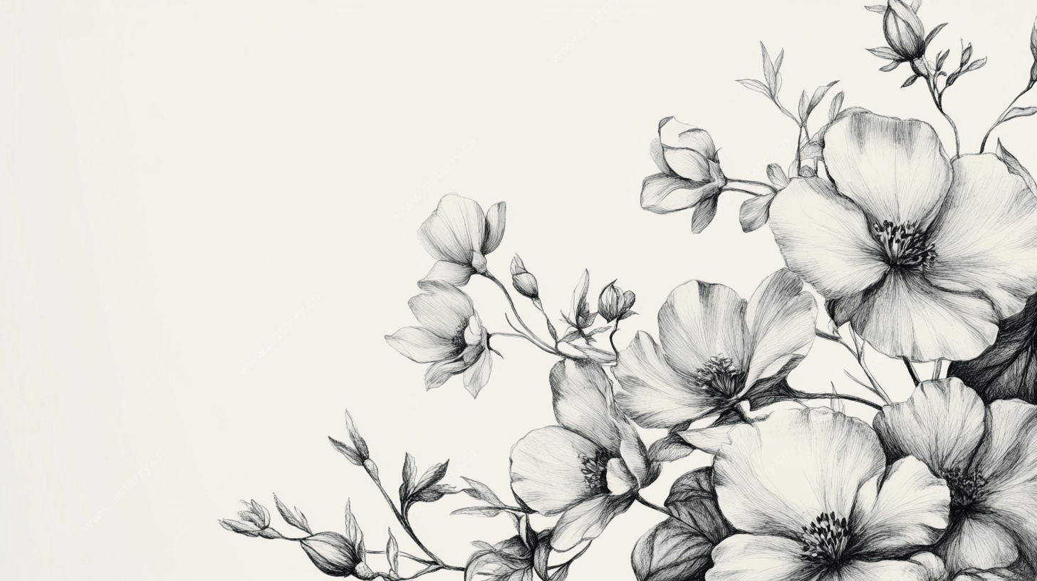 黑白花卉手绘插画