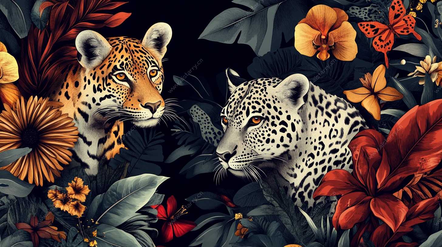 双豹栖于繁花丛林间