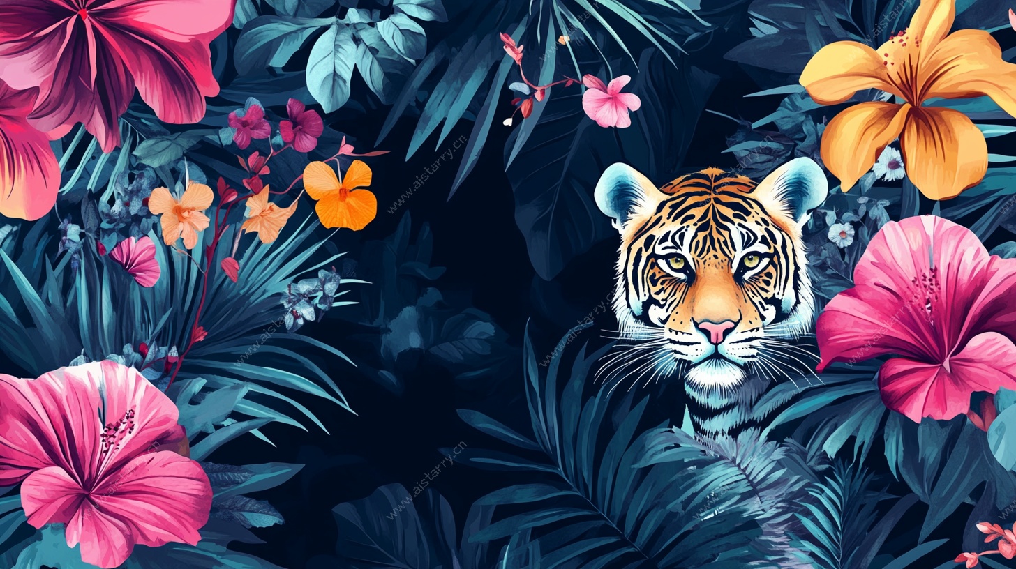 虎入繁花丛林插画